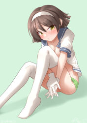 Rule 34 | 1girl, blush, brown eyes, brown hair, gloves, green background, green panties, hair ornament, hairband, kantai collection, looking at viewer, neckerchief, no pants, one-hour drawing challenge, open clothes, open shirt, panties, ray.s, ribbon, school uniform, serafuku, shadow, short hair, sitting, smile, tanikaze (kancolle), thighhighs, underwear, white gloves, white hairband, white thighhighs, yellow neckerchief