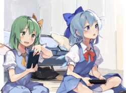 Rule 34 | 2girls, blue bow, blue dress, blue eyes, blue hair, blush, bow, cirno, collared shirt, controller, daiyousei, detached wings, dress, fairy, fairy wings, game controller, green eyes, green hair, hair bow, holding, holding controller, holding game controller, ice, ice wings, indoors, lamb (hitsujiniku), long hair, multiple girls, open mouth, pinafore dress, puffy short sleeves, puffy sleeves, shirt, short hair, short sleeves, side ponytail, sleeveless, sleeveless dress, socks, touhou, white shirt, white socks, wings