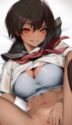 Rule 34 | 1girl, bottomless, bra, breasts, brown hair, brown socks, cleavage, clothes lift, cropped head, cropped legs, dark-skinned female, dark skin, double-parted bangs, grey bra, hand on own crotch, highres, large breasts, looking at viewer, lying, midriff, mole, mole under mouth, navel, neckerchief, no panties, on back, original, rakuga kiya, red eyes, red neckerchief, school uniform, see-through, see-through shirt, sexually suggestive, shirt, shirt lift, short hair, simple background, socks, sports bra, spread legs, sweat, underwear, white shirt