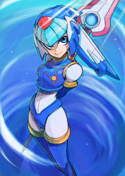 Rule 34 | 1girl, android, arm behind back, arms behind back, blue background, blue eyes, bodysuit, boots, breasts, capcom, glaive (polearm), helmet, fairy leviathan (mega man), light, looking at viewer, looking up, medium breasts, polearm, mega man (series), mega man zero (series), smile, spear, thigh boots, thighhighs, tsunemi aosa, weapon
