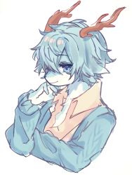 Rule 34 | 1other, androgynous, animal ears, animal nose, antlers, aqua cardigan, aqua fur, aqua hair, blue eyes, body fur, cardigan, closed mouth, collared shirt, deer ears, furry, hair over one eye, hand to own mouth, hand up, happy, highres, horns, long sleeves, looking at viewer, one eye covered, open cardigan, open clothes, original, other focus, sami (yaonga797), shirt, short hair, simple background, sketch, smile, snout, solo, two-tone fur, upper body, white background, white fur, yellow shirt