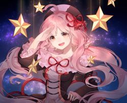 Rule 34 | ahoge, arm up, bare shoulders, brown eyes, collarbone, commission, frills, hair ornament, hat, lilianei, long hair, looking at viewer, open mouth, original, pink hair, smile, star (symbol), twintails, upper body, wavy hair