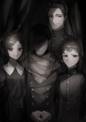Rule 34 | 3boys, absurdres, aged down, black clover, black dress, black hair, black shirt, black theme, blue eyes, buttons, dante zogratis, dress, expressionless, faceless, faceless male, family, family portrait, frit 2, green eyes, hair behind ear, hair slicked back, hand on another&#039;s shoulder, high collar, highres, lace-trimmed collar, lace trim, long bangs, long eyelashes, long sleeves, looking at viewer, lucius zogratis, messy hair, multiple boys, narrowed eyes, own hands clasped, own hands together, parted bangs, red eyes, scarf, shadow, shirt, short hair, siblings, single sidelock, smile, upper body, vanica zogratis, waistcoat, wing collar, zenon zogratis