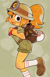 Rule 34 | 1girl, backpack, bag, belt, black eyes, blonde hair, brown footwear, colo (nagrolaz), fang, from side, goombella, green background, green headwear, green shirt, green shorts, headlamp, helmet, highres, holding, looking at viewer, mario (series), medium hair, necktie, nintendo, open mouth, paper mario, paper mario: the thousand year door, personification, ponytail, red necktie, shirt, shoes, short sleeves, shorts, shovel, simple background, socks, standing, standing on one leg, wamudraws, white socks