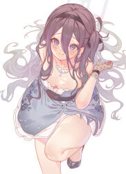 Rule 34 | 1girl, absurdly long hair, absurdres, aris (blue archive), black footwear, black hair, blue archive, blue eyes, breasts, closed mouth, collarbone, dress, foot out of frame, grey dress, grey halo, hair between eyes, halo, highres, long hair, looking at viewer, medium breasts, one side up, shoes, simple background, smile, solo, torano, very long hair, white background