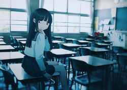 Rule 34 | 1girl, absurdres, black hair, black sailor collar, black skirt, blue eyes, chalkboard, classroom, closed mouth, commentary request, crying, crying with eyes open, day, desk, frown, highres, indoors, long hair, long sleeves, looking at viewer, on desk, original, photo background, pleated skirt, sailor collar, school desk, school uniform, serafuku, shirt, sitting, on desk, skirt, solo, tears, tsuzuki amy, white shirt, window