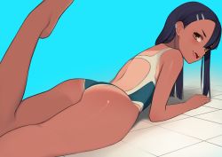 Rule 34 | 1girl, ass, asymmetrical bangs, black hair, brown eyes, dark-skinned female, dark skin, earclip, fang, grin, hair ornament, hairclip, highres, ijiranaide nagatoro-san, leg up, looking at viewer, lying, nagatoro hayase, on stomach, one-piece swimsuit, one-piece tan, open mouth, panapana (pixiv 12562150), smile, swimsuit, tan, tanline