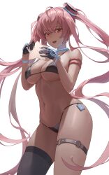 Rule 34 | 1girl, absurdres, ahoge, belt, bikini, blush, breasts, character request, ez2on, gloves, half gloves, highres, holding, large breasts, long hair, looking at viewer, navel, o-ring, o-ring bikini, open mouth, pink eyes, pink hair, simple background, single thighhigh, smile, smoothatin, solo, star (symbol), swimsuit, thigh belt, thigh strap, thighhighs, twintails, very long hair, white background