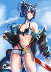 Rule 34 | 1girl, absurdres, arknights, bare shoulders, bikini, black bikini, black jacket, blue hair, blue sky, ch&#039;en (arknights), ch&#039;en the holungday (arknights), ch&#039;en the holungday (elite ii) (arknights), chi xiao (arknights), cloud, commentary request, cowboy shot, day, dragon horns, folded ponytail, front-tie bikini top, front-tie top, gelibo, grey shorts, hair between eyes, highres, horns, jacket, charm (object), long hair, long sleeves, looking at viewer, micro shorts, navel, off shoulder, official alternate costume, open clothes, open fly, open jacket, red eyes, shorts, sky, smile, solo, standing, stomach, swimsuit, sword, thighs, weapon