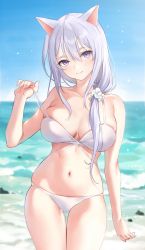 Rule 34 | 1girl, animal ears, bare arms, bare shoulders, beach, bikini, breasts, cat ears, cleavage, collarbone, cowboy shot, emyo, hair ornament, hair over shoulder, hair scrunchie, hand up, highres, large breasts, long hair, looking at viewer, navel, original, outdoors, purple eyes, scrunchie, skindentation, smile, solo, standing, stomach, strap pull, string bikini, sunlight, swimsuit, thigh gap, thighs, white bikini, white hair
