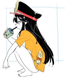 Rule 34 | 1girl, bad id, bad pixiv id, barefoot, black hair, black headwear, blush, breasts, bubble tea, crest, cup, disposable cup, drinking, drinking straw, family crest, fate/grand order, fate (series), hat, kodamari, koha-ace, legs, long hair, medium breasts, oda nobunaga (fate), oda nobunaga (koha-ace), oda uri, peaked cap, red eyes, shirt, short sleeves, sidelocks, simple background, squatting, t-shirt, white background, yellow shirt