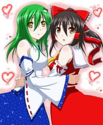 Rule 34 | 2girls, :d, blush, bow, brown eyes, brown hair, detached sleeves, female focus, frog hair ornament, green eyes, green hair, hair bow, hair ornament, hair tubes, hakurei reimu, heart, hug, japanese clothes, kaguyahime, kochiya sanae, long sleeves, looking at viewer, miko, multiple girls, nontraditional miko, open mouth, pink background, ponytail, red bow, ribbon-trimmed sleeves, ribbon trim, simple background, smile, tareme, touhou
