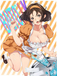 Rule 34 | 1girl, :o, blush, bouncing breasts, breasts, brown eyes, brown hair, cleavage, collarbone, glass, gluteal fold, hairband, ice, ice cube, large breasts, looking at viewer, open mouth, original, panties, pantyshot, puffy sleeves, school uniform, socks, solo, teeth, thigh gap, thighs, tray, underwear, waitress, water, yamaishi (mukoubuti)