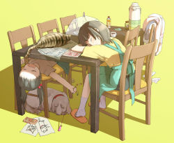 Rule 34 | 2girls, apron, bad id, bad pixiv id, blouse, cat, chair, child, child&#039;s drawing, dog, harepore, head rest, messy, multiple girls, serving dome, shirt, sitting, sleeping, slippers, socks, table, white legwear, yellow background, yellow shirt