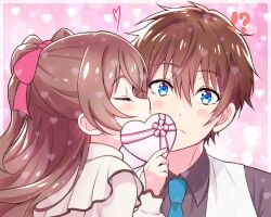 Rule 34 | !?, 1boy, 1girl, black hair, blue eyes, blue necktie, box, brown hair, closed eyes, closed mouth, commentary, delicious party precure, dress shirt, frown, gift, heart, heart-shaped box, hetero, highres, holding, holding gift, kiss, kissing cheek, kyoutsuugengo, long hair, long sleeves, looking at viewer, nagomi yui, necktie, precure, red ribbon, ribbon, shinada takumi, shirt, short hair, two side up, valentine, vest, white shirt, white vest, wing collar