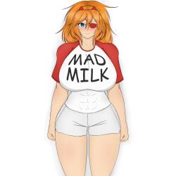Rule 34 | abs, blue eyes, breasts, clothes writing, eyepatch, highres, huge breasts, muscular, muscular female, orange hair, zess (zesty jesus)