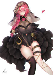 Rule 34 | 1girl, bare shoulders, black dress, black thighhighs, blush, braid, breasts, cleavage, closed mouth, cross, cross earrings, dress, earrings, frilled dress, frills, hair over shoulder, heart, heart-shaped pupils, highres, himesaki maria, indie virtual youtuber, jewelry, large breasts, layered dress, long hair, looking at viewer, paid reward available, red eyes, red hair, rib:y(uhki), see-through, see-through cleavage, side braid, single thighhigh, skin tight, skindentation, sleeveless, sleeveless dress, smile, solo, symbol-shaped pupils, thigh strap, thighhighs, v arms, veil, virtual youtuber