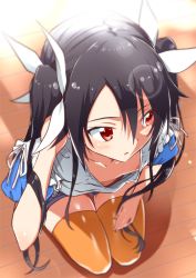 Rule 34 | 1girl, black hair, downblouse, extended downblouse, flat chest, from above, kneeling, long hair, looking to the side, no bra, orange thighhighs, ore twintail ni narimasu, red eyes, shirt, shorts, solo, thighhighs, tsube aika, twintails, white shirt, yuto (dialique)