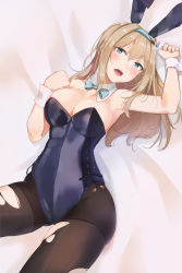 Rule 34 | 1girl, absurdres, alternate costume, animal ears, arm up, bare arms, bare shoulders, bed sheet, binu (nadenade), black pantyhose, blonde hair, blue eyes, blue hairband, blue leotard, blue ribbon, breasts, cleavage, commentary request, detached collar, fake animal ears, girls&#039; frontline, gluteal fold, hair ornament, hairband, hairclip, head tilt, highres, large breasts, leotard, long hair, looking at viewer, lying, neck ribbon, on back, pantyhose, playboy bunny, rabbit ears, revision, ribbon, side-tie leotard, solo, strapless, strapless leotard, suomi (girls&#039; frontline), torn clothes, torn pantyhose, wrist cuffs