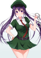 Rule 34 | 1girl, absurdres, alternate costume, bare arms, belt, belt buckle, black belt, breasts, buckle, closed mouth, collared dress, commentary request, cowboy shot, cuffs, dress, gochuumon wa usagi desu ka?, gradient background, green dress, green hat, hand on own hip, handcuffs, hat, highres, holding, kirikan (cokekiri), large breasts, long hair, looking at viewer, necktie, peaked cap, purple eyes, purple hair, red necktie, short sleeves, sidelocks, smile, solo, standing, tedeza rize, twintails, two-tone background, very long hair, wing collar