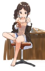 Rule 34 | 1girl, :p, bare shoulders, barefoot, blue shorts, brown eyes, brown hair, brown jacket, camisole, cellphone, chips (food), commentary request, food, highres, holding, holding phone, index finger raised, jacket, long sleeves, off shoulder, open clothes, open jacket, original, phone, shorts, side ponytail, sitting, smartphone, solo, tongue, tongue out, yuki arare