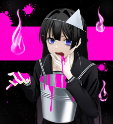 Rule 34 | 1girl, bags under eyes, black background, black hair, black sailor collar, black serafuku, black shirt, blood, blood from mouth, blood on hands, bucket, commentary request, empty eyes, frown, furrowed brow, hair intakes, hair ornament, hairclip, hand up, highres, hinoyama ena, hitodama, light particles, long hair, long sleeves, looking at viewer, nijisanji, open mouth, pink background, pink blood, purple eyes, sailor collar, school uniform, serafuku, shirt, solo, splatter background, triangular headpiece, tsukino mito, tsukino mito (5th costume), two-tone background, upper body, virtual youtuber
