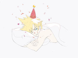 Rule 34 | 1boy, absurdres, blonde hair, blue eyes, cloud strife, confetti, final fantasy, final fantasy vii, hat, highres, lilith-lily, looking at viewer, lying, male focus, on stomach, one eye closed, party hat, pillow, topless male, solo, spiked hair