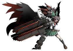 Rule 34 | 1girl, alternate weapon, arm cannon, armored core, armored core 5, asymmetrical footwear, female focus, highres, huge weapon, long hair, mismatched footwear, naginami, open mouth, reiuji utsuho, simple background, solo, touhou, weapon, white background, wings