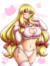 Rule 34 | 1girl, absurdres, bell, blonde hair, blush, bow, bra, breasts, cat cutout, cat ear panties, cat lingerie, choker, cleavage, cleavage cutout, clothing cutout, elbow gloves, gloves, hat, hat ribbon, highres, jingle bell, large breasts, long hair, looking at viewer, mazume, meme attire, navel, neck bell, panties, paw pose, paw print, purple eyes, ribbon, side-tie panties, simple background, solo, thighhighs, touhou, underwear, underwear only, white background, white bra, white gloves, white panties, white thighhighs, yakumo yukari