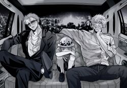 Rule 34 | 3boys, aged down, bandaid, bandaid on cheek, bandaid on face, black hair, black suit, blonde hair, car interior, cigarette, city lights, covered mouth, crossed arms, crossed legs, donquixote doflamingo, donquixote rocinante, earrings, eyes visible through eyewear, formal, highres, holding, holding cigarette, jewelry, kneehighs, looking to the side, male focus, multiple boys, necklace, one piece, scar, scar on arm, shirt, short hair, sitting, smoking, socks, spread legs, suit, sunglasses, sweat, trafalgar law, veins, white headwear, white shirt, zkc fes