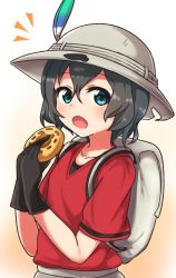 Rule 34 | 10s, 1girl, alternate eye color, backpack, bag, black gloves, black hair, blue eyes, chawan (yultutari), commentary, cookie, food, gloves, hair between eyes, hat feather, helmet, highres, holding, holding food, kaban (kemono friends), kemono friends, looking at viewer, notice lines, open mouth, pith helmet, red shirt, shirt, short hair, short sleeves, solo, standing, upper body, wavy hair, white background