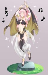 Rule 34 | 1girl, armlet, arms up, artist name, bare shoulders, blush, braid, breasts, bridal gauntlets, cleavage, closed mouth, fire emblem, fire emblem awakening, fire emblem heroes, full body, grass, grey background, hairband, highres, long hair, medium breasts, midriff, musical note, navel, nintendo, olivia (fire emblem), pelvic curtain, pink eyes, pink hair, ponytail, rock, sarukaiwolf, side braid, simple background, smile, solo, sparkle, standing, standing on one leg, twin braids
