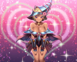 Rule 34 | 1girl, akina t, bell, blonde hair, blue hat, blush, breasts, cleavage, cosplay, dark-skinned female, dark magician girl, dark magician girl (cosplay), dark skin, dress, hands on own thighs, hat, heart, highres, jingle bell, large breasts, looking at viewer, low neckline, neck bell, off-shoulder dress, off shoulder, original, pink eyes, short hair, smile, solo, vambraces, wizard hat, yu-gi-oh!