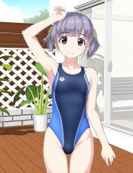 Rule 34 | 1girl, arena (company), bench, black eyes, black one-piece swimsuit, collarbone, competition swimsuit, cowboy shot, day, deck, fence, flat chest, highres, kantai collection, looking at viewer, one-piece swimsuit, ooshio (kancolle), outdoors, plant, potted plant, purple hair, short twintails, sliding doors, smile, solo, swimsuit, takafumi, trellis, twintails