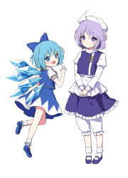 Rule 34 | 2girls, blue bow, blue eyes, blue footwear, blue hair, blue skirt, blue vest, blush, bow, cirno, closed mouth, fairy, full body, hair bow, hat, highres, ice, ice wings, lapel pin, letty whiterock, light purple hair, long sleeves, mob cap, multiple girls, open mouth, perfect cherry blossom, shirt, shoes, short hair, short sleeves, simple background, skirt, smile, socks, suzuno naru, touhou, vest, white background, white headwear, white shirt, white socks, wings