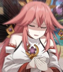 Rule 34 | 1girl, animal ears, closed eyes, commentary, detached sleeves, earrings, fox ears, genshin impact, hair ornament, hand over heart, hands on own chest, heart attack, jewelry, lix (iroiro3843), long hair, looking at viewer, meme, open mouth, pink hair, sidelocks, so moe i&#039;m gonna die!, solo, vision (genshin impact), wide sleeves, yae miko