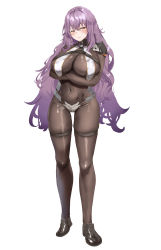 Rule 34 | 1girl, absurdres, arms under breasts, black footwear, blush, bodystocking, breast curtains, covered navel, crossed arms, full body, highres, horin, long hair, original, purple hair, red eyes, revealing clothes, shoes, simple background, skin tight, thigh strap, very long hair, white background