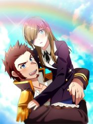 Rule 34 | 1boy, 1girl, beard, blue eyes, blush, brown hair, epaulettes, eyepatch, facial hair, fate/grand order, fate (series), hair over one eye, long hair, long sideburns, long sleeves, military, military uniform, napoleon bonaparte (fate), open clothes, open mouth, ophelia phamrsolone, ribbon, simple background, smile, uniform, wiss206