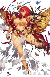 Rule 34 | 1girl, blue eyes, blush, bracelet, breasts, chloris garden, claw (weapon), clenched teeth, dissolving clothes, female focus, gauntlets, highres, jewelry, large breasts, long hair, melon22, official art, red hair, solo, teeth, very long hair, weapon, yellow wings