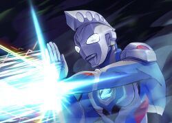 Rule 34 | 1boy, absurdres, alien, bodysuit, chopchopguy, commentary, dorsal fin, fighting stance, hand up, highres, male focus, solo, standing, tokusatsu, ultraman z, ultraman z (series), upper body, white eyes
