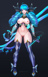 Rule 34 | badcompzero, breasts, curvy, gwen (league of legends), highres, large breasts, league of legends, looking at viewer, needle, nipples, pussy, revealing clothes, uncensored, weapon