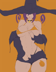 Rule 34 | 1girl, absurdres, artist request, bikini, bikini under clothes, black legwear, blair (soul eater), grabbing another&#039;s breast, breast hold, breasts squeezed together, breasts, curvy, grabbing, hat, highres, leg tattoo, lipstick, looking at viewer, makeup, naughty face, orange background, orange bikini, purple hair, short shorts, shorts, sketch, soul eater, standing, swimsuit, tattoo, thong bikini, undressing, witch hat