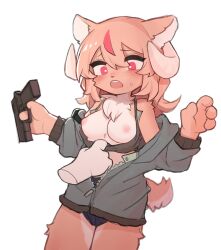 Rule 34 | 1girl, 1other, assisted exposure, black panties, blush, breasts, breasts out, clothes pull, crayon (crayon1006), crop top, disembodied hand, disembodied hand, embarrassed, furry, furry female, gun, handgun, highres, holding, holding gun, holding weapon, horns, jacket, medium breasts, nipples, no bra, no pants, open clothes, open jacket, orange hair, panties, red eyes, shirt pull, simple background, standing, underwear, unzipped, weapon, white background