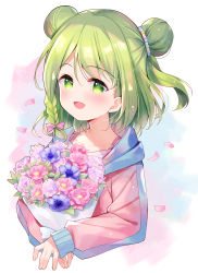 Rule 34 | 1girl, :d, blush, bouquet, bow, braid, commentary request, cropped torso, double bun, flower, green eyes, green hair, hair between eyes, hair bow, hair bun, highres, hood, hood up, hooded jacket, jacket, long sleeves, looking at viewer, meito (maze), morinaka kazaki, nijisanji, open mouth, petals, pink bow, pink flower, pink jacket, purple flower, single braid, sleeves past wrists, smile, solo, upper body, virtual youtuber