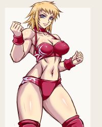 Rule 34 | 1girl, blonde hair, blue eyes, breasts, cleavage, clenched hands, cowboy shot, midriff, muscular, navel, open mouth, original, smile, solo, tagme, taroimo (00120014), tonya ramley, wristband