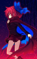 Rule 34 | 1girl, cape, covering own mouth, glowing, glowing eyes, gradient background, hair ornament, hair ribbon, highres, light particles, long sleeves, looking away, miniskirt, miruki, profile, red eyes, red hair, ribbon, sekibanki, shirt, short hair, skirt, solo, torn cape, torn clothes, touhou