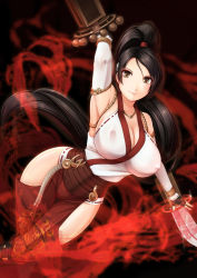 Rule 34 | &gt;:), 1girl, arm up, armpits, aura, bare shoulders, black gloves, black hair, breasts, brown eyes, cleavage, dead or alive, detached sleeves, covered erect nipples, fingerless gloves, gloves, hassen (8cm), high ponytail, hip vent, holding, holding weapon, japanese clothes, jewelry, large breasts, long hair, looking at viewer, momiji (ninja gaiden), naginata, necklace, ninja gaiden, polearm, ponytail, smile, solo, thigh gap, v-shaped eyebrows, weapon