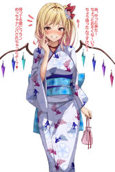 1girl absurdres aged_up alternate_costume amagi_(amagi626) animal_print blonde_hair blush breasts commentary_request crystal_wings fish_print flandre_scarlet highres japanese_clothes kimono large_breasts looking_at_viewer nose_blush obi one_side_up red_eyes sash simple_background smile solo touhou translation_request white_background yukata