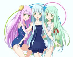 Rule 34 | 10s, 3girls, :d, aoki hagane no arpeggio, arm hug, bad id, bad pixiv id, blue hair, bow, competition school swimsuit, double bun, girl sandwich, green eyes, green hair, hair bow, hair bun, hair ribbon, hand on another&#039;s shoulder, i-400 (aoki hagane no arpeggio), i-402 (aoki hagane no arpeggio), iona (aoki hagane no arpeggio), long hair, multiple girls, nontraditional school swimsuit, old school swimsuit, one-piece swimsuit, open mouth, pensuke, pink hair, purple hair, ribbon, sandwiched, school swimsuit, single hair bun, smile, swimsuit, triplets, white one-piece swimsuit, white school swimsuit