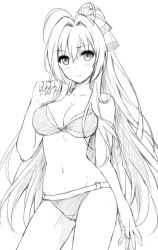 Rule 34 | 1girl, amagi brilliant park, antenna hair, bare arms, bare shoulders, bikini, blush, breasts, closed mouth, commentary, contrapposto, cowboy shot, embarrassed, greyscale, hair intakes, hand up, large breasts, long hair, monochrome, navel, o-ring, o-ring bottom, ponytail, sento isuzu, simple background, solo, standing, swimsuit, tonee, very long hair, white background